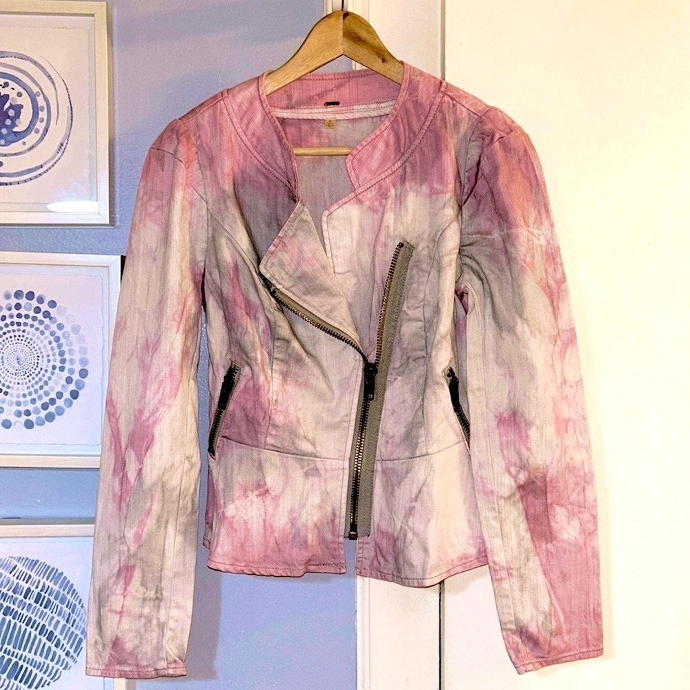 Free People Asymmetrical Full Zip Front Pink Tie-Dye Moto Jacket Size 4